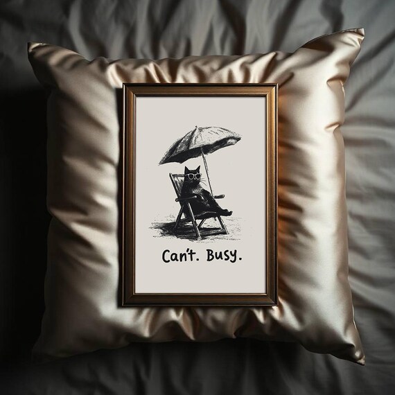 Lazy Can't Busy Funny Black Cat Sunglasses Beach Sketch Wall Art