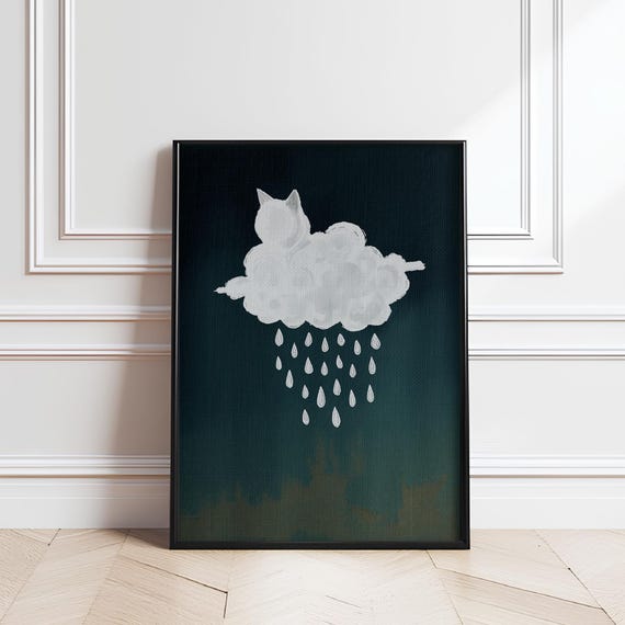 Cat Cloud Whimsical White Cat On A Rainy Day Cloud Art Poster