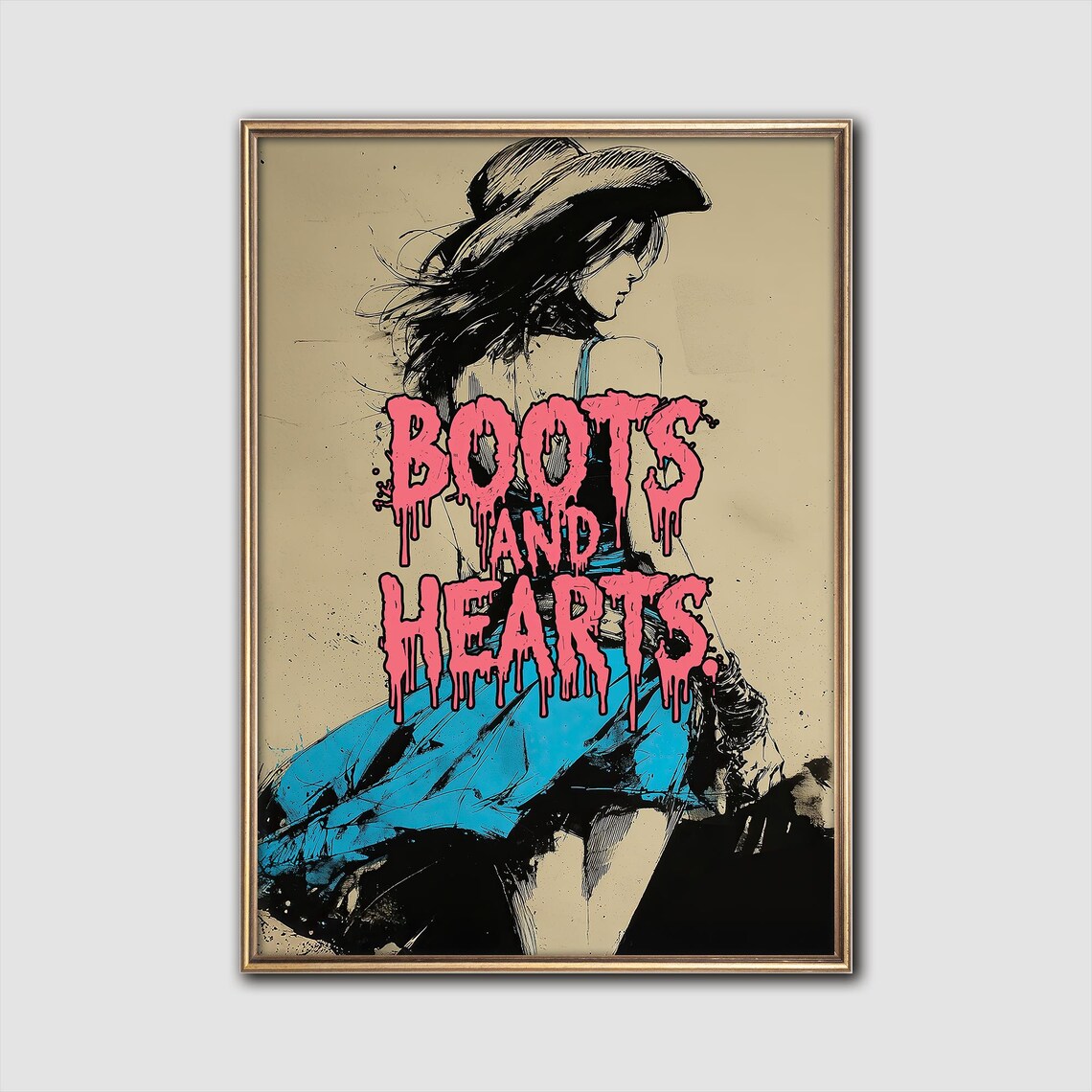 Boots and Hearts Cowgirl Sketch Dripping Pink Letters Grunge Wall Art