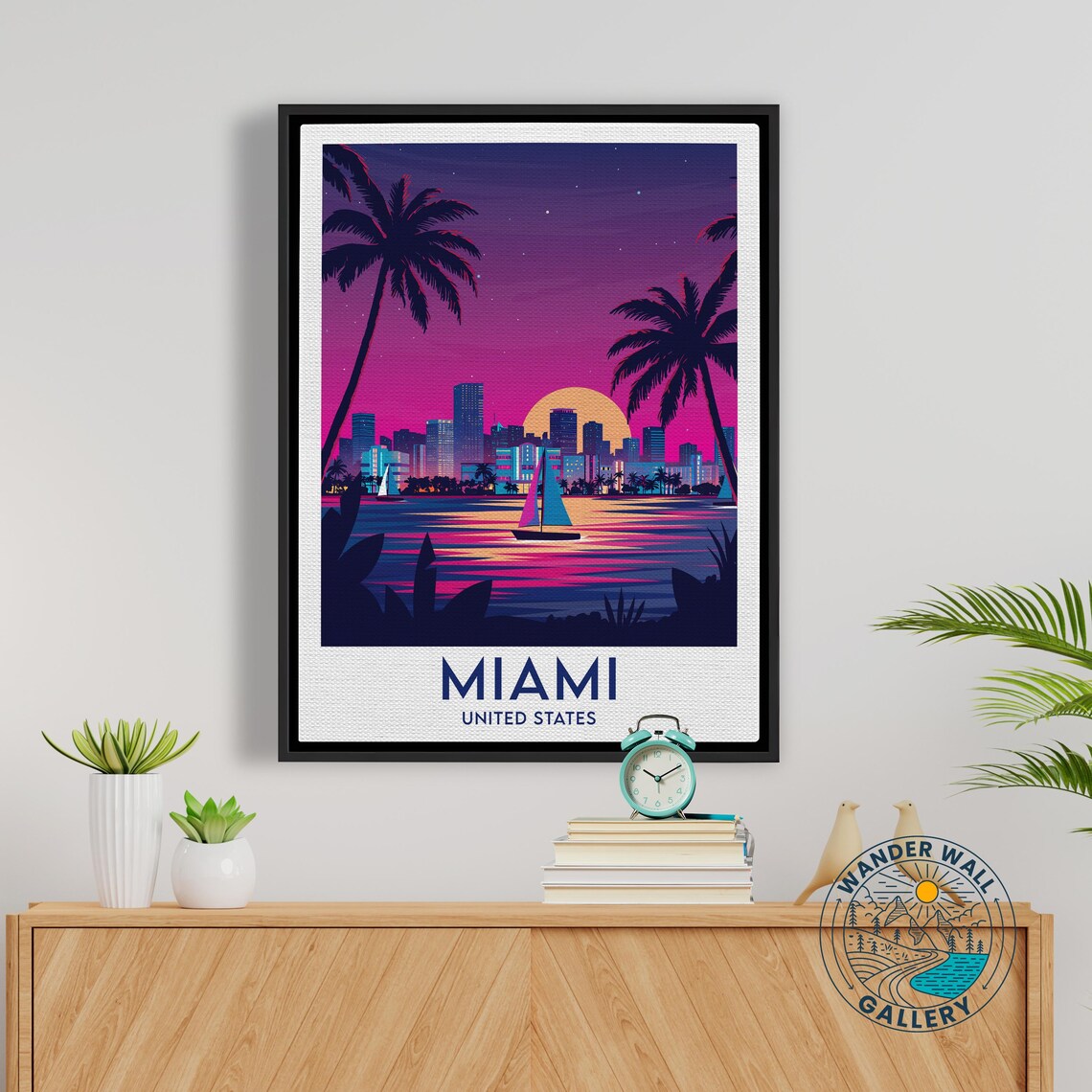 Miami Florida Night Skyline Sailboats Palms Ocean Bay Travel Poster - Image 5