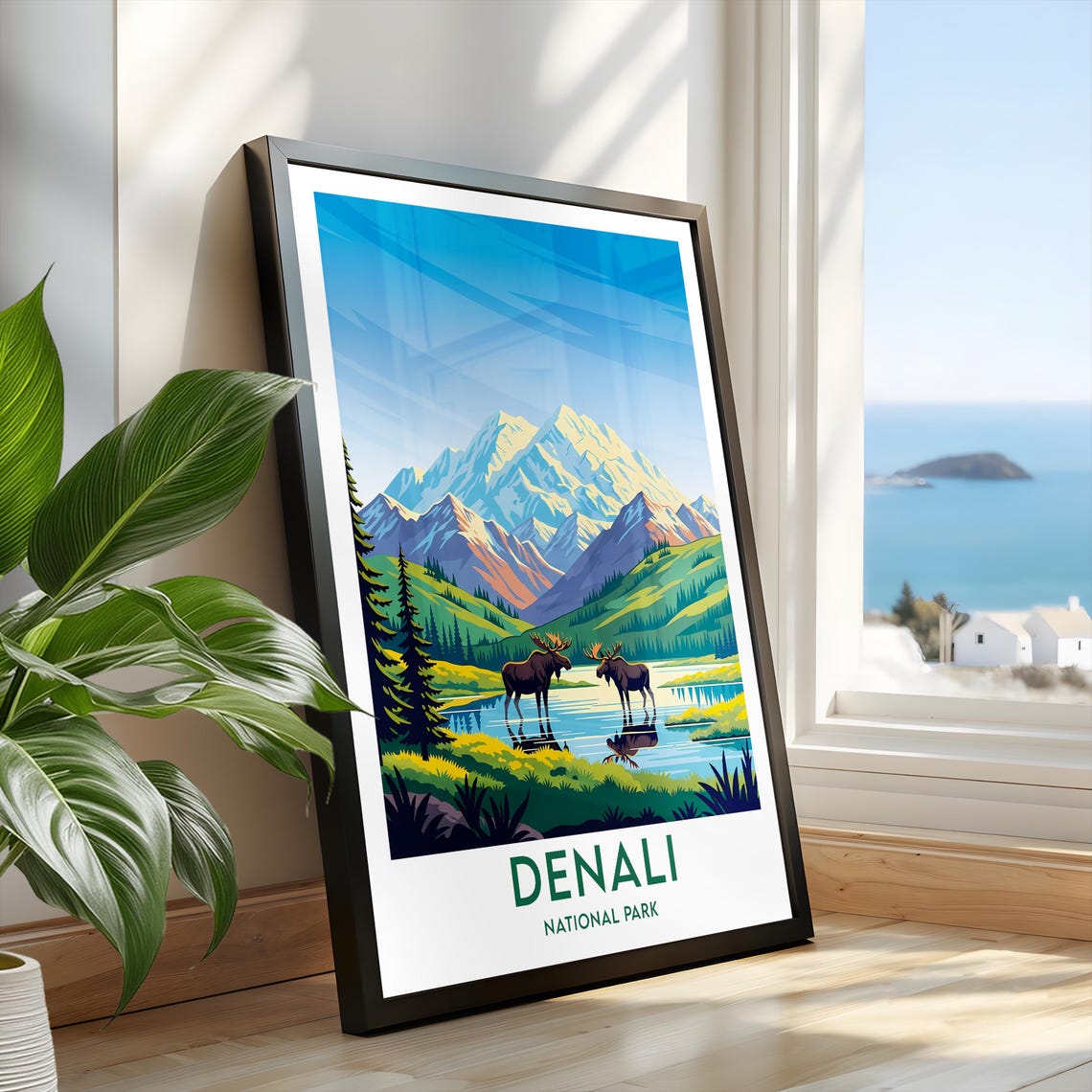 Denali National Park Moose at Mountain Lake Reflection Wildlife Poster - Image 2