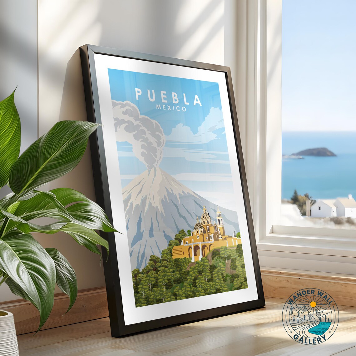 Puebla Mexico Church Hill Smoking Volcano Colonial Retro Travel Poster - Image 2