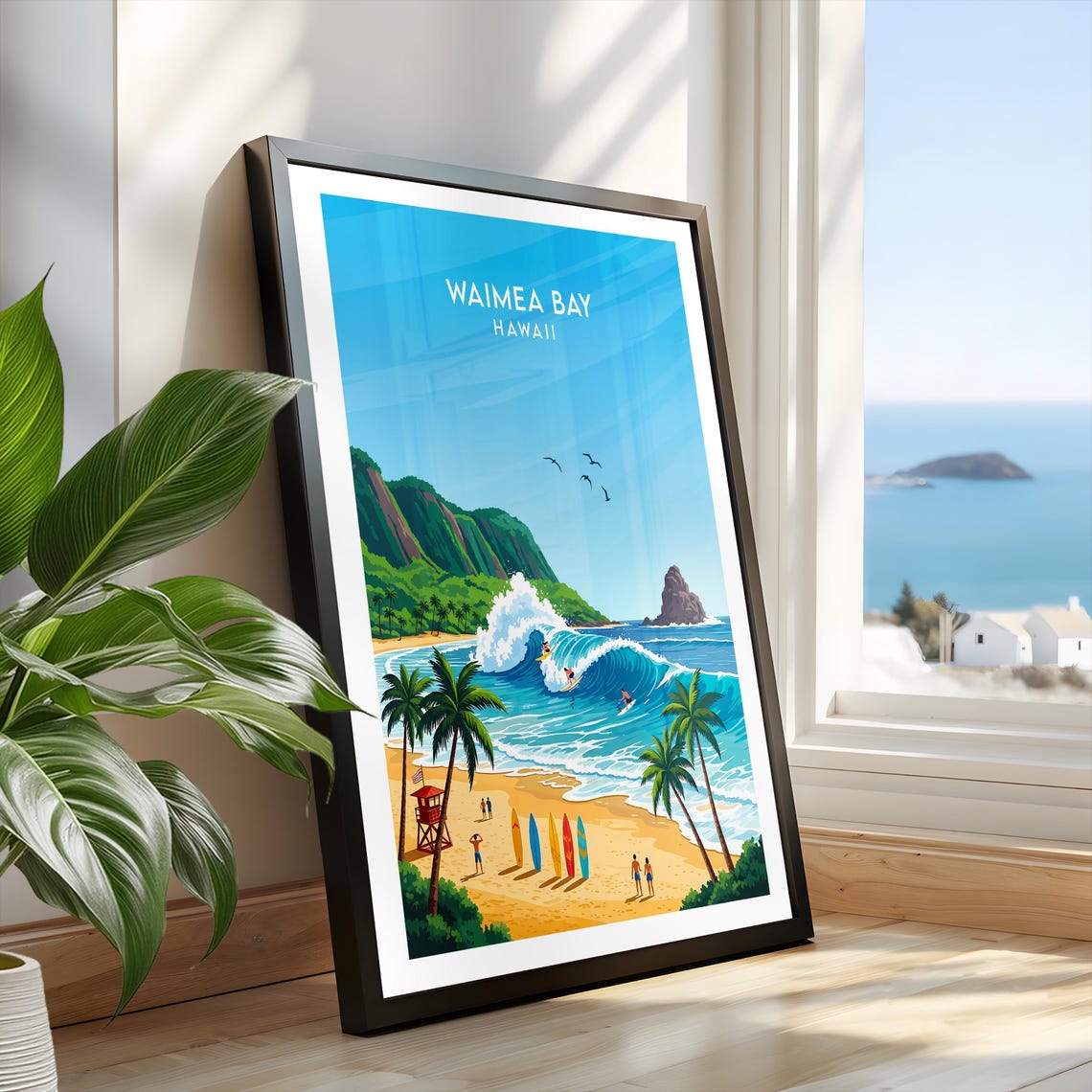 Waimea Bay Hawaii Surfers Big Wave Surfing Palm Beach Poster - Image 2