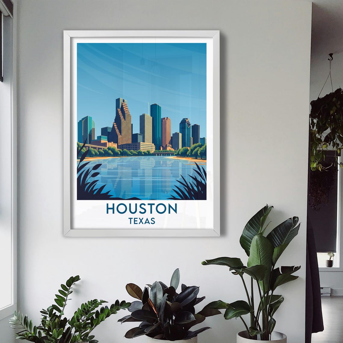 Houston Texas Skyline Over Calm Water Lakeside Morning View Poster - Image 3