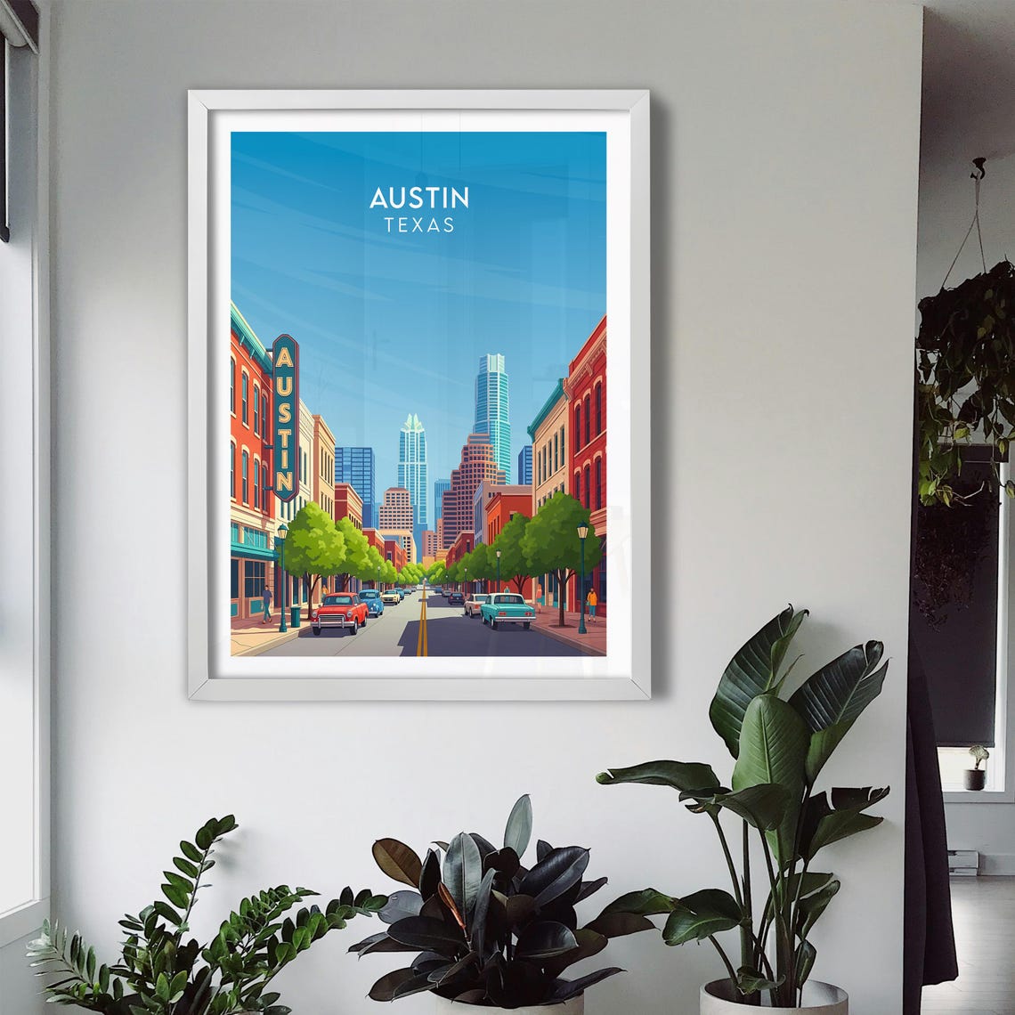 Austin Texas Retro Vintage Downtown Street Skyline Art Poster - Image 3