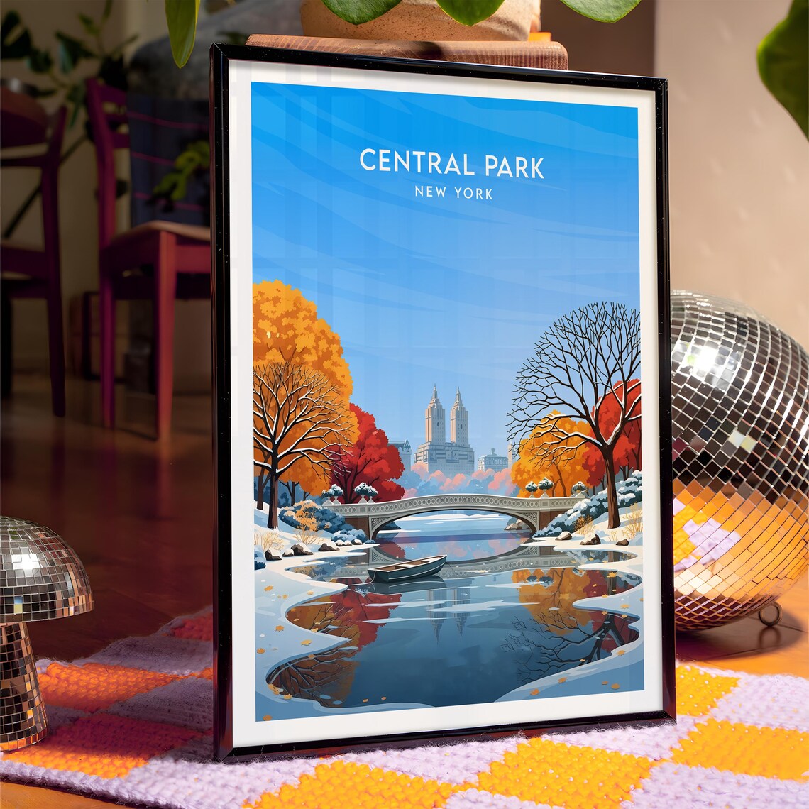 Central Park New York Winter Bow Bridge Snowy Lake Scene Poster - Image 4