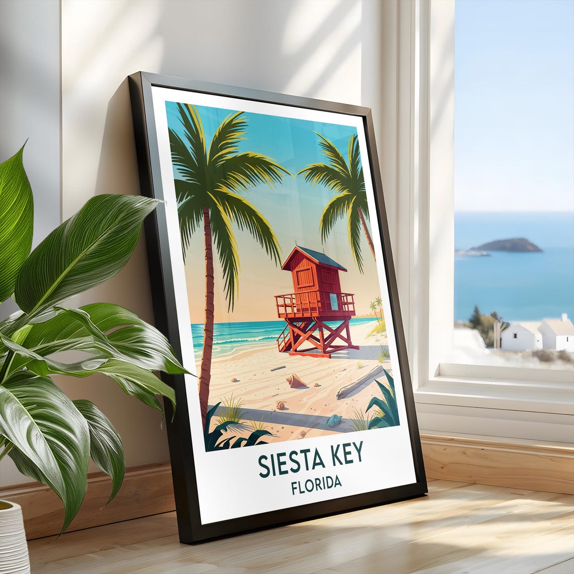 Siesta Key Florida Lifeguard Tower Tall Palms Sand Beach Poster - Image 2
