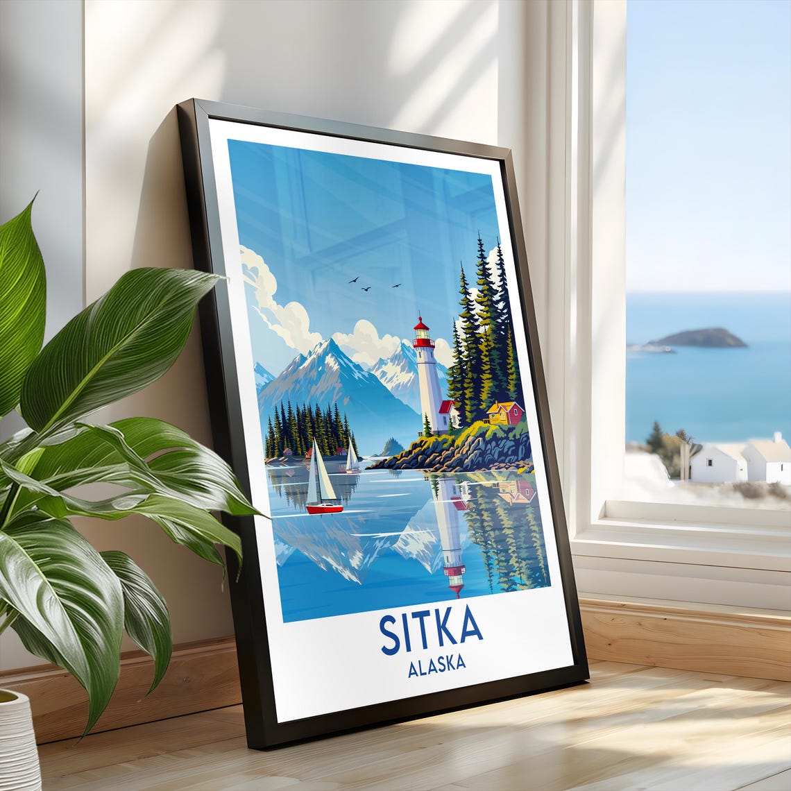 Sitka Alaska Lighthouse Sailboats Coastal Mountain Reflection Poster - Image 2