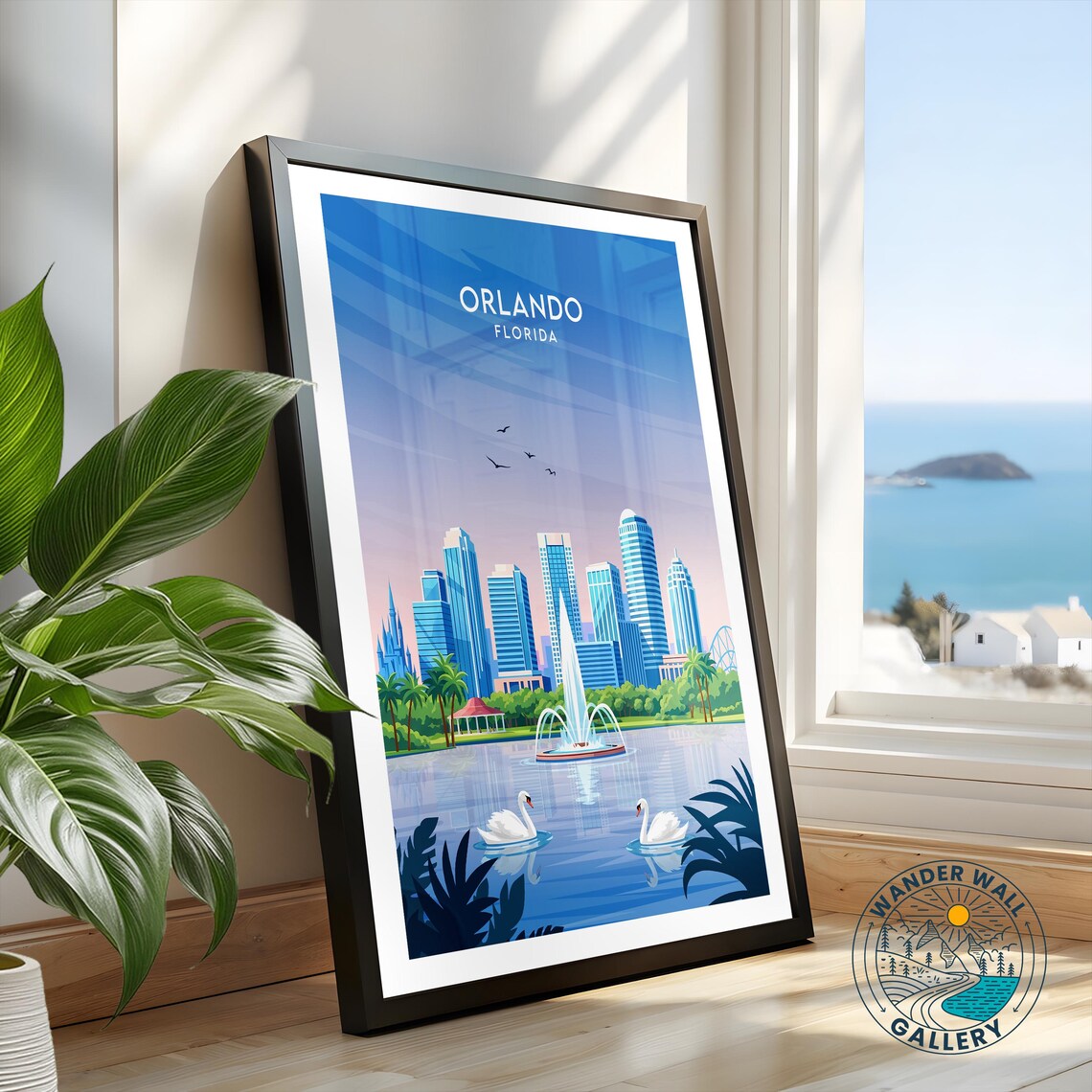 Orlando Florida Skyline Lake Fountain with Swans Travel Poster - Image 2