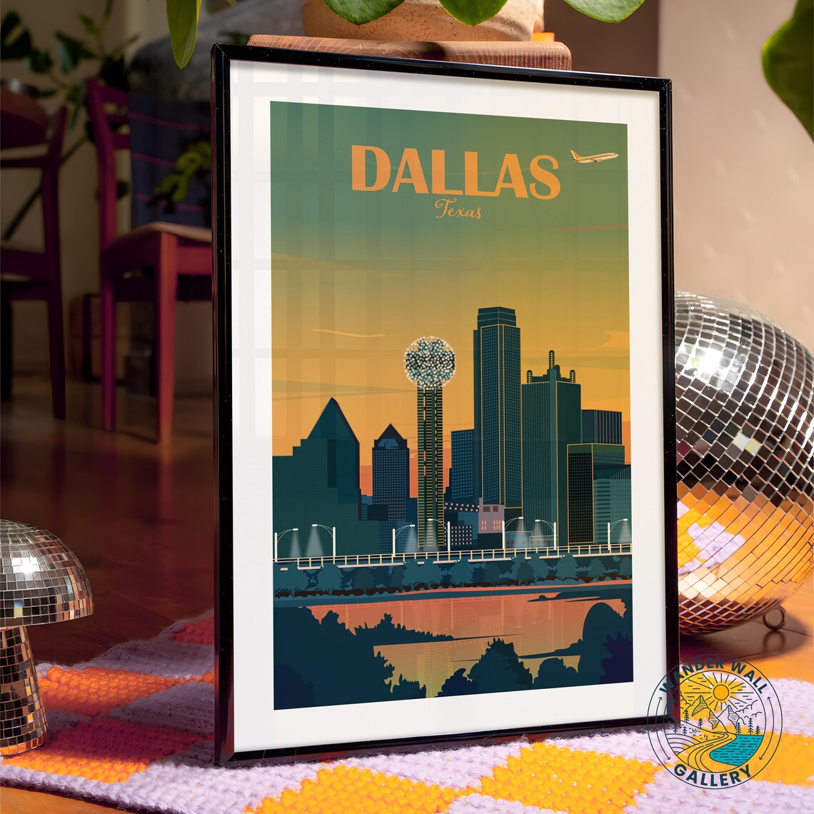 Dallas Texas Sunset Skyline Reunion Tower Retro Travel Poster - Image 4