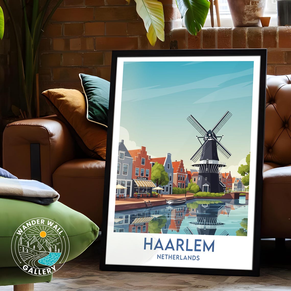 Haarlem Netherlands Canal Windmill Riverside Cafe Travel Poster - Image 6
