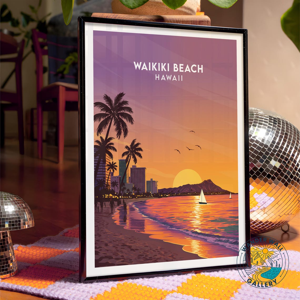 Waikiki Beach Hawaii Sunset Palm Trees Diamond Head Ocean Poster - Image 4