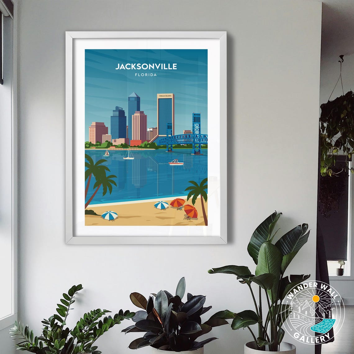 Jacksonville Florida Skyline Bridge Beach Umbrellas Palm Poster - Image 3