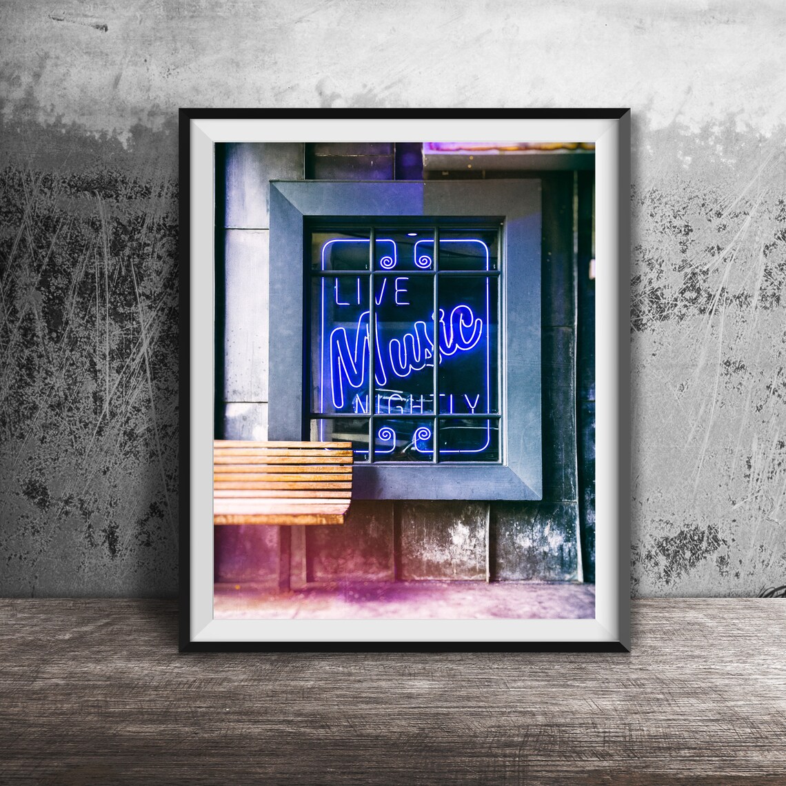 Live Music Nightly Blue Neon Window Sign with Bench Photo Poster