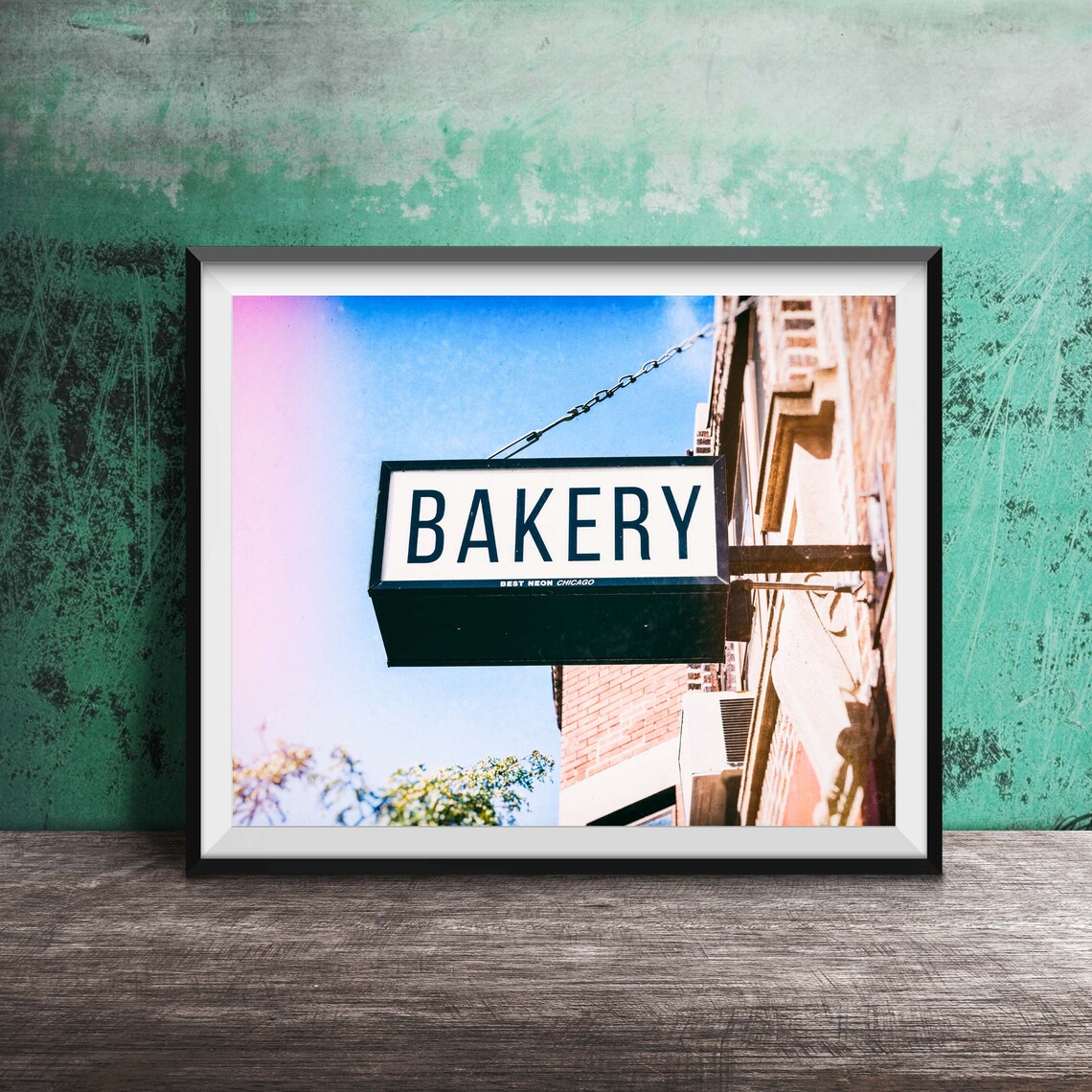 Bakery Neon Sign Hanging Against Blue Sky Photography Poster