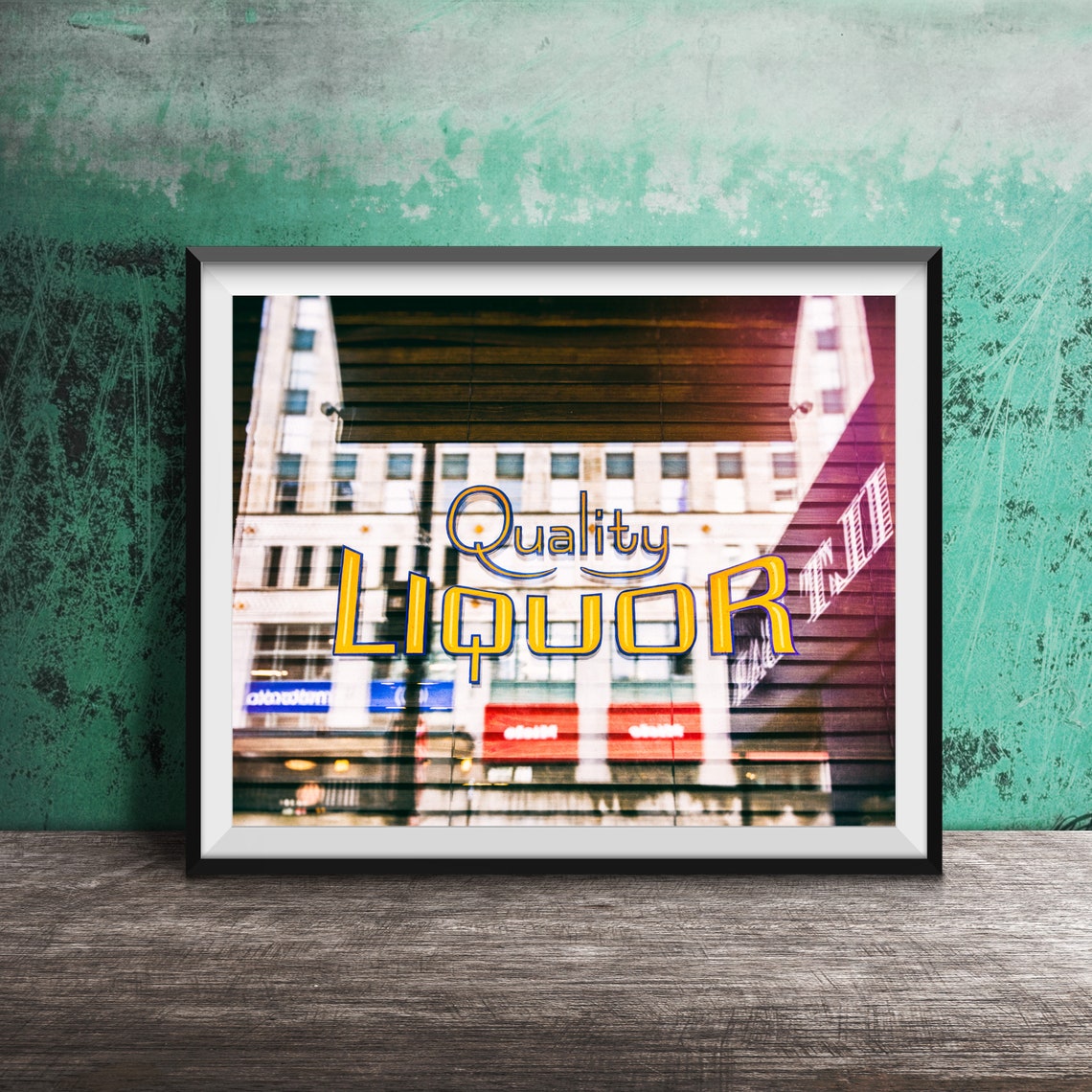 Quality Liquor Gold Script Window Sign with City Reflection Poster