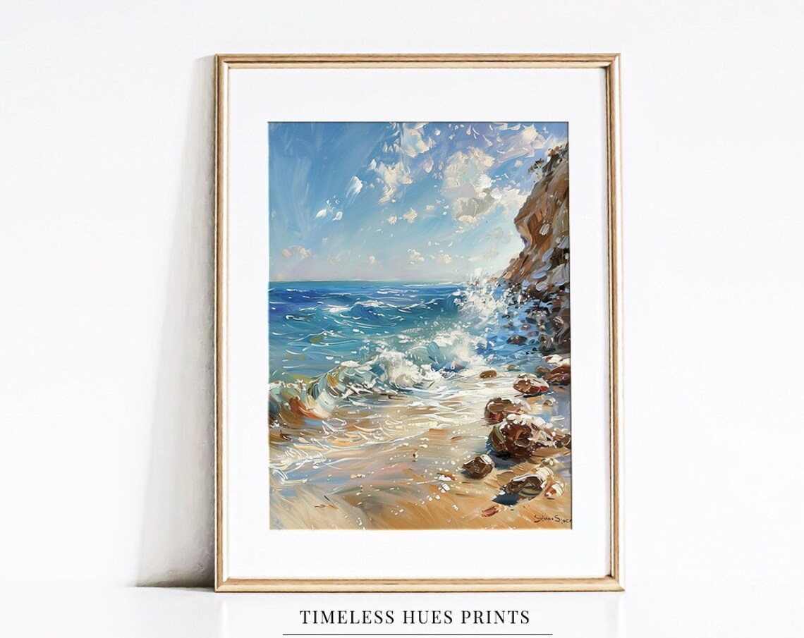Turquoise Ocean Waves Crashing on Rocky Sunlit Shore Beach Poster