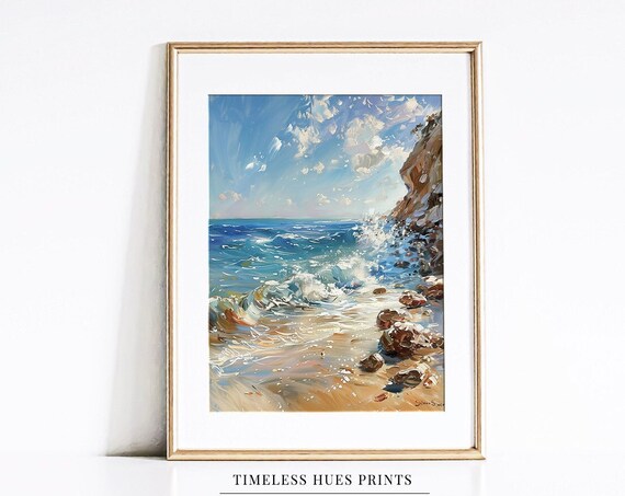 Turquoise Ocean Waves Crashing on Rocky Sunlit Shore Beach Poster