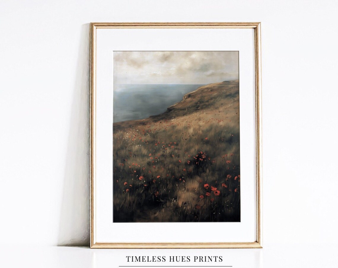 Misty Coastal Meadow, Moody Vintage Poppy Landscape