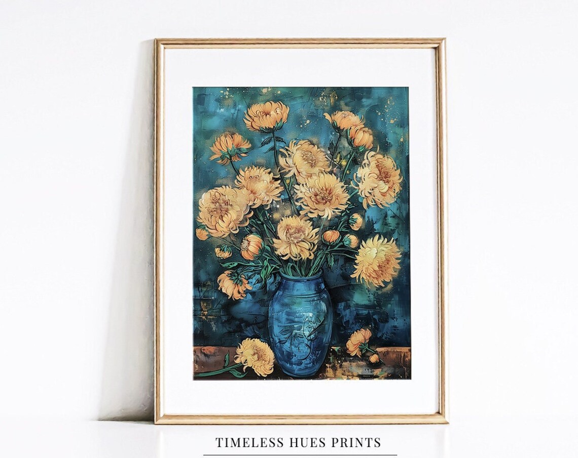 Golden Chrysanthemums Blue Vase Teal Background Floral Poster