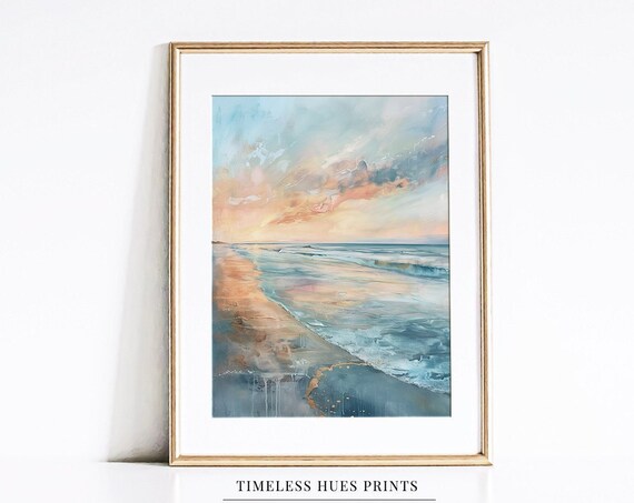 Abstract Pastel Beach Sunset Waves Blue And Peach Modern Wall Art