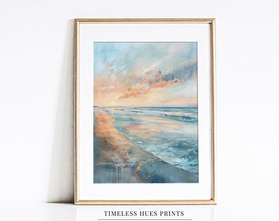 Abstract Pastel Beach Sunset Waves Blue And Peach Modern Wall Art