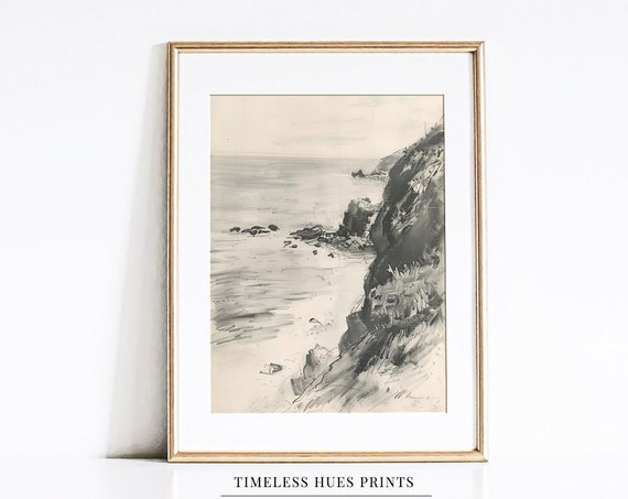 Vintage Coastal Landscape, Charcoal Sketch Art Print