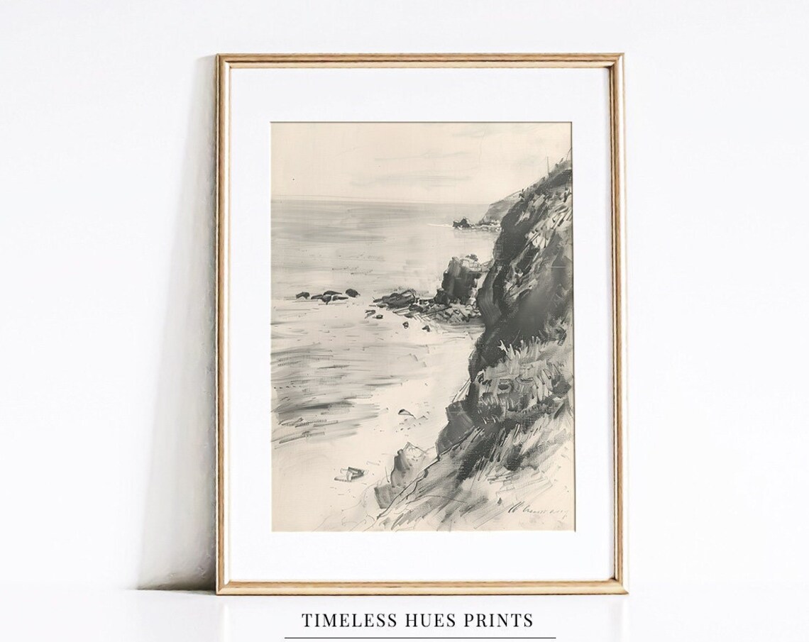 Vintage Coastal Landscape, Charcoal Sketch Art Print