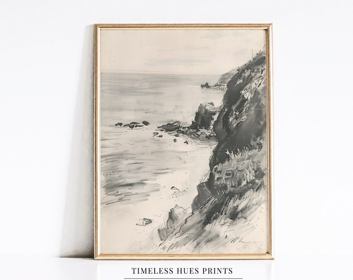 Vintage Coastal Landscape Charcoal Sketch, Travel Poster