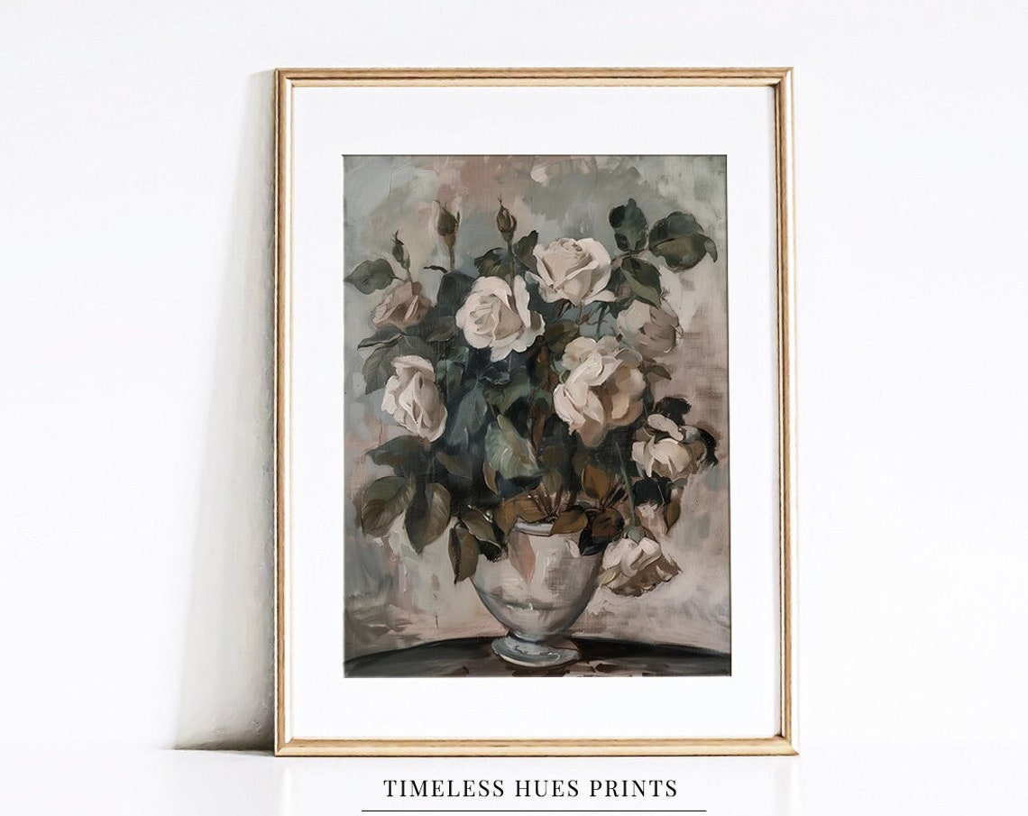 Vintage Flower Still Life Painting Roses Vase Painting Farmhouse Decor Rose Bouquet Flower In Vase Art Wall Art