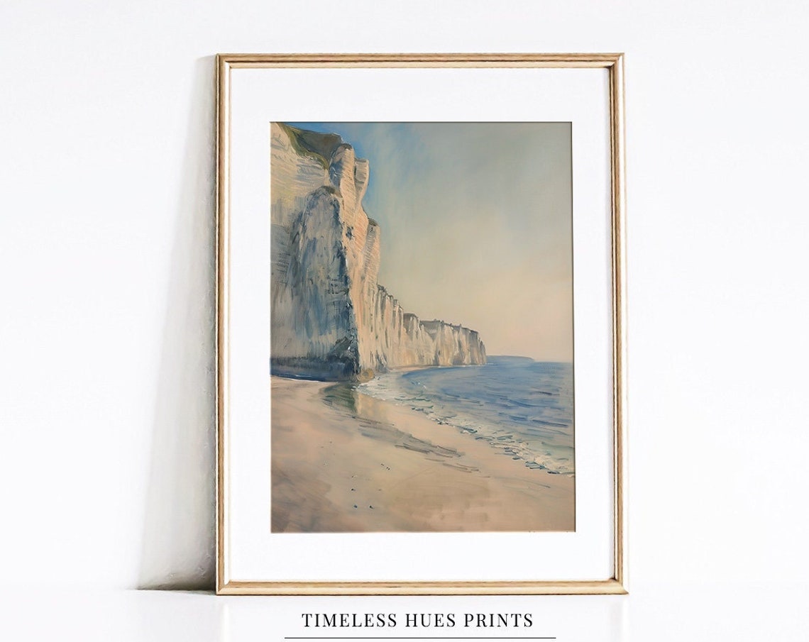 Serene Coastal Chalk Cliffs Sandy Beach Vintage Landscape Poster