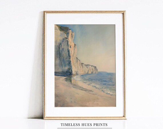 Serene Coastal Chalk Cliffs Sandy Beach Vintage Landscape Poster