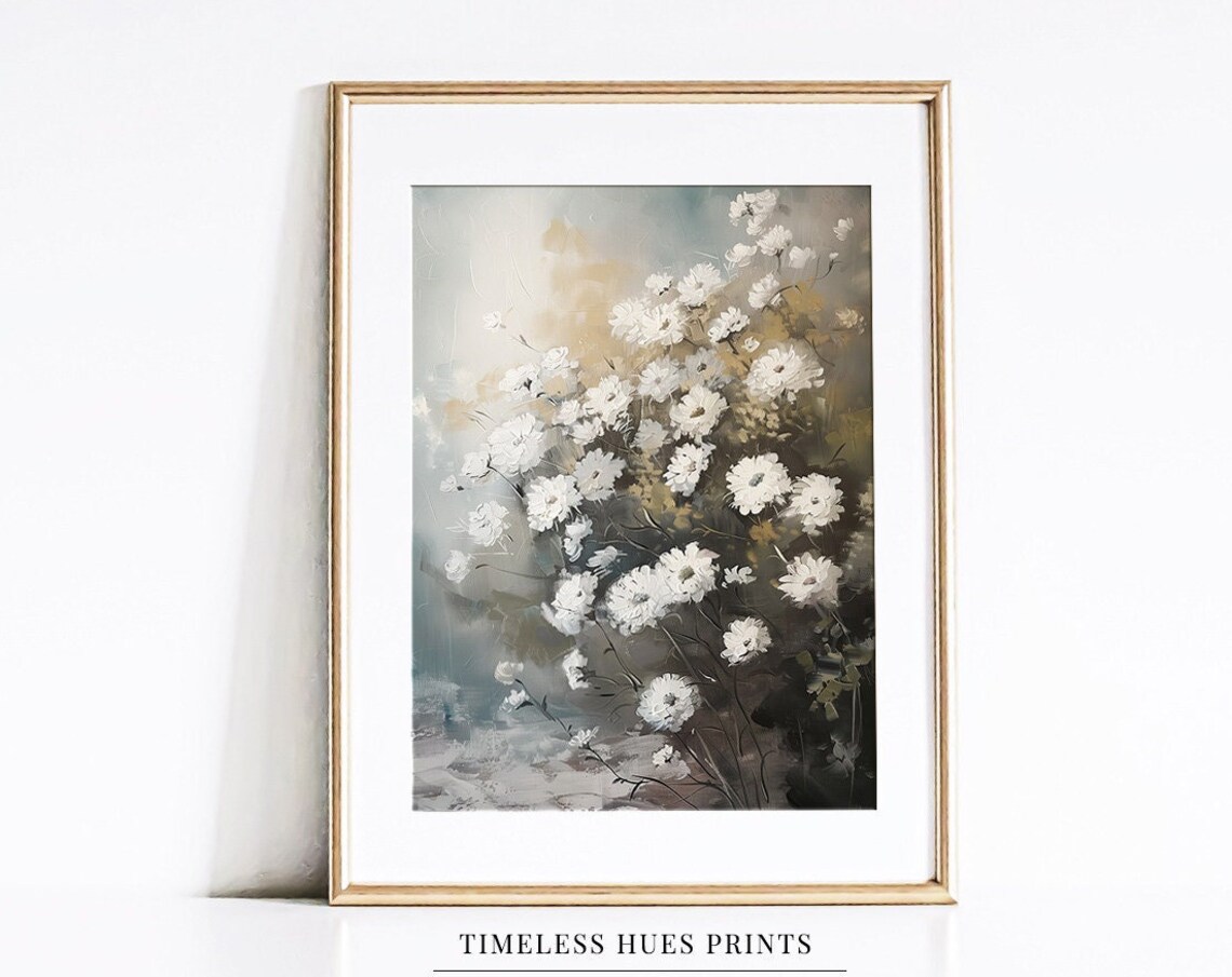 White Blossoms Dreamy Blue Gray Soft Floral Oil Painting Poster