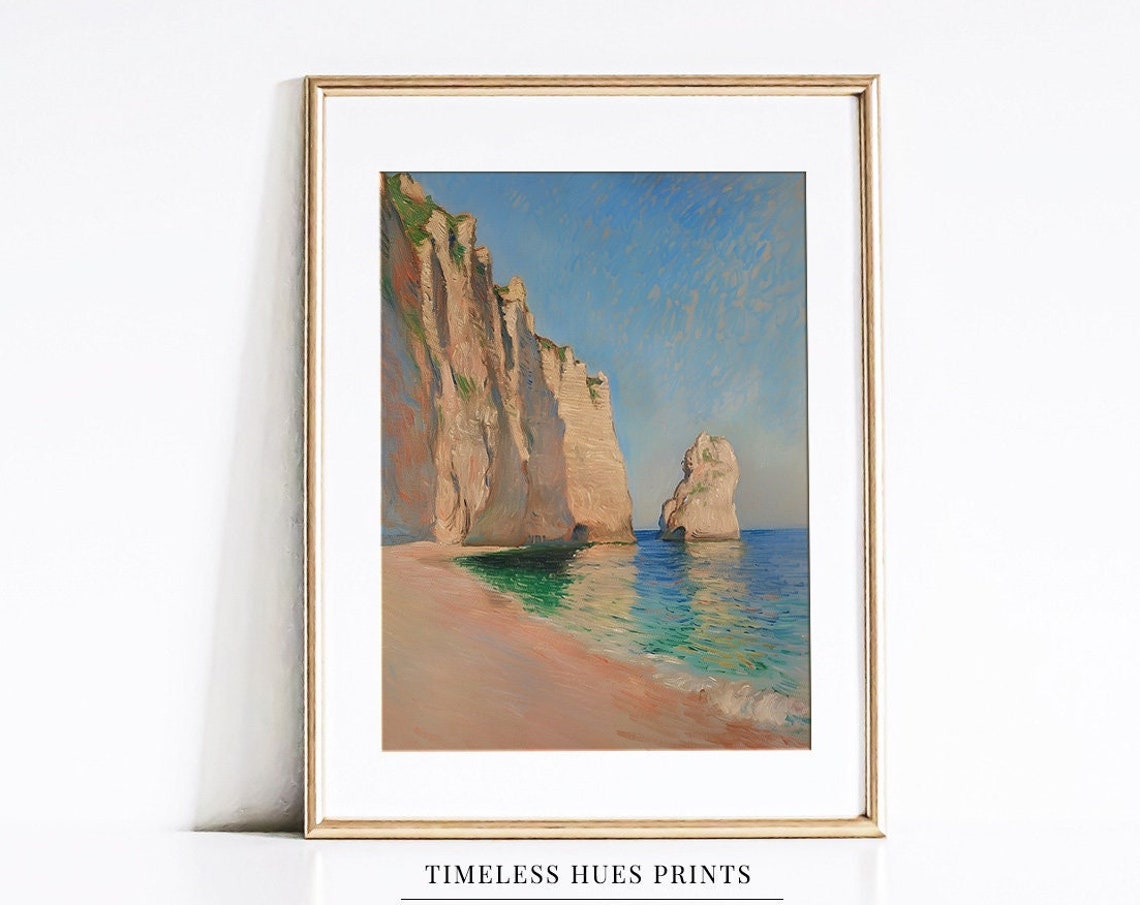 Sea Stack And Rocky Cliffs On Sandy Beach Blue Sky Coastal Poster