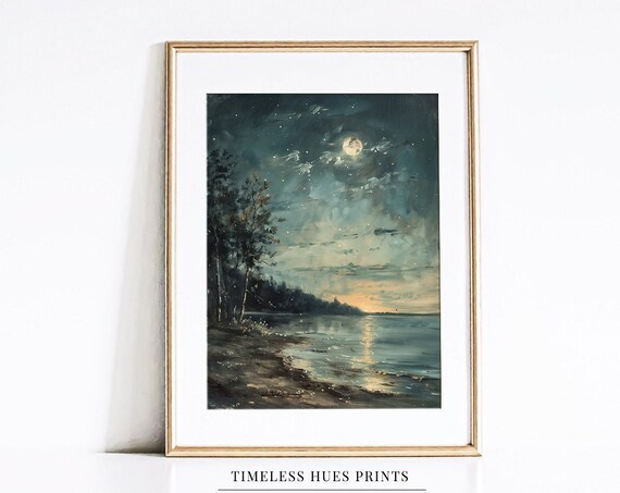 Full Moon Over Nighttime Beach Moody Coastal Oil Painting Poster