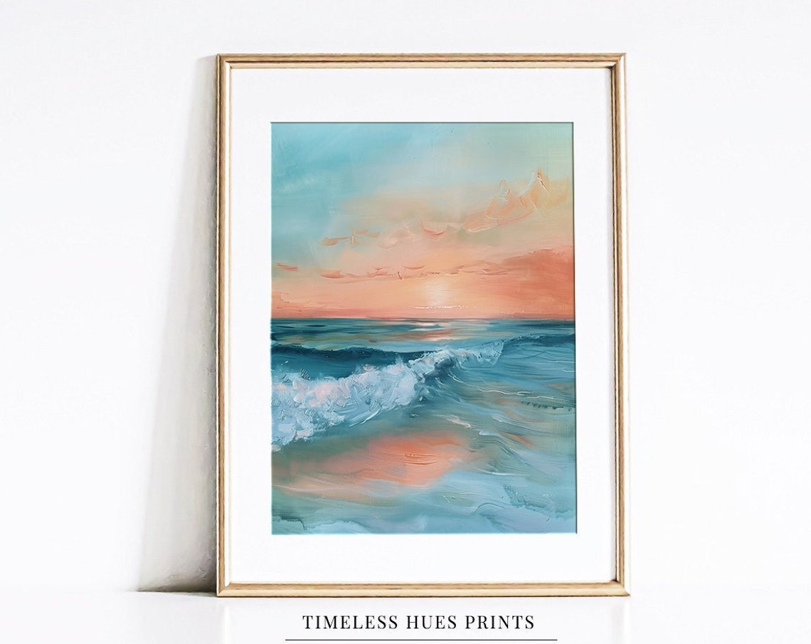Abstract Ocean Sunset Waves Warm Coastal Seascape Painting Poster