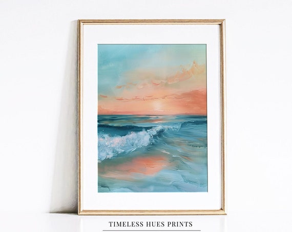 Abstract Ocean Sunset Painting Coastal Seascape Warm Tones Beach Waves Minimalist Lake House Decor Pastel