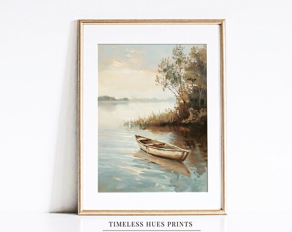 Vintage Wooden Rowboat on Calm Lake Misty Morning Oil Poster
