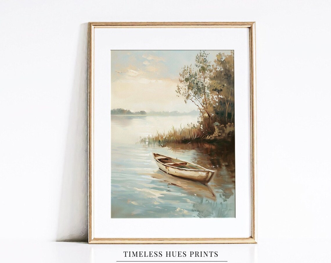 Wooden Rowboat On Calm Lake At Dawn Serene Vintage Landscape Poster