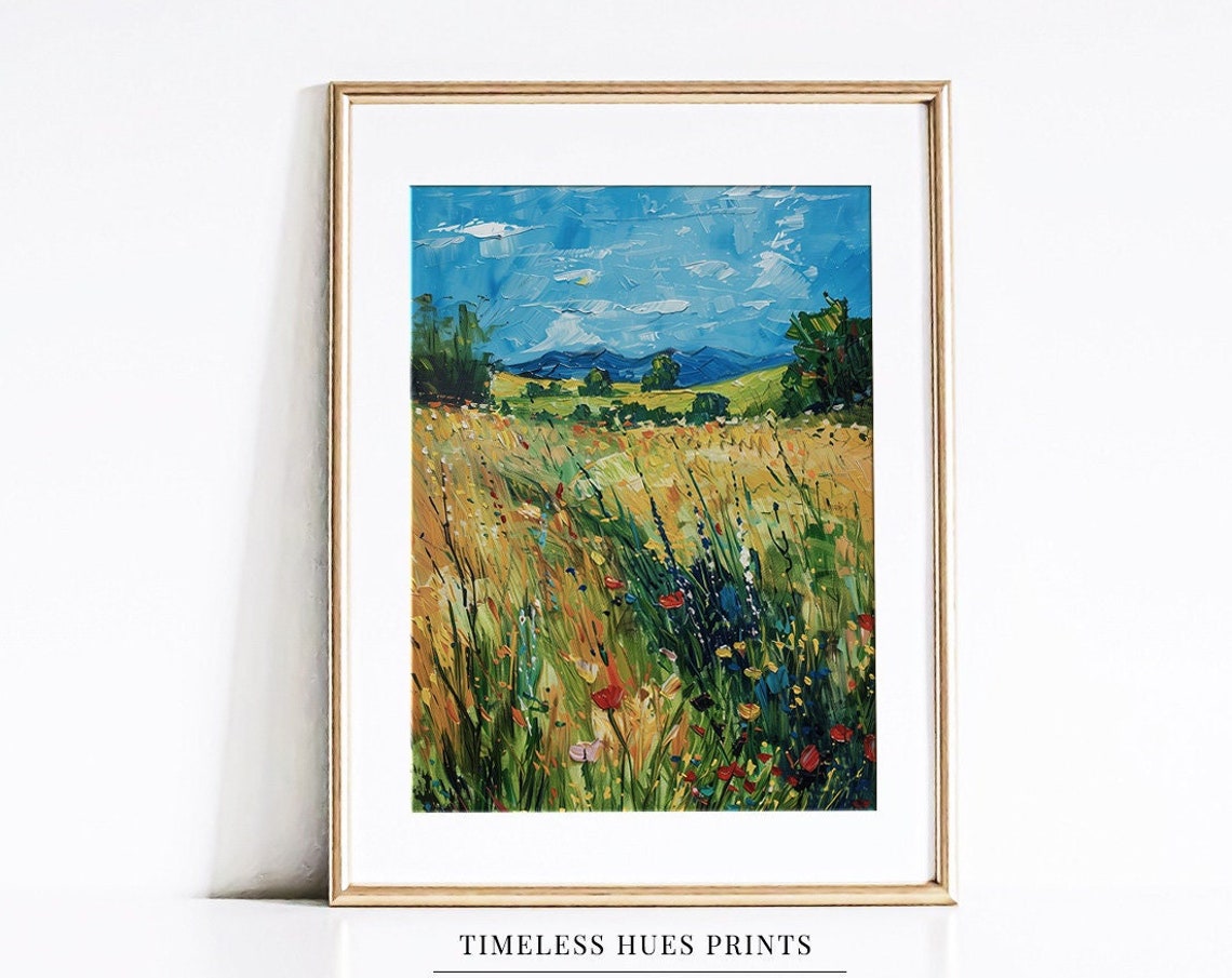 Spring Wildflower Meadow Painting Vintage Oil Painting Flower Field Landscape Painting Country Field Wall Art