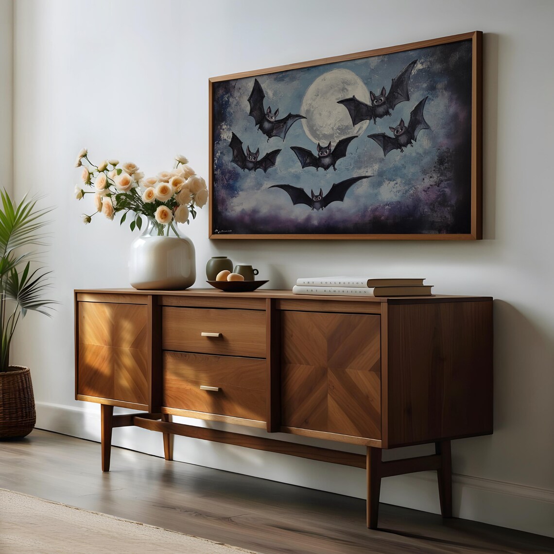 Cute Bats Flying Before a Full Moon Night Sky Vintage Halloween Wall Art - Image 3