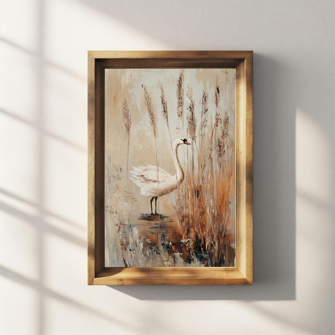 White Swan Standing Marsh Reeds Soft Neutral Oil Painting Poster - Image 3
