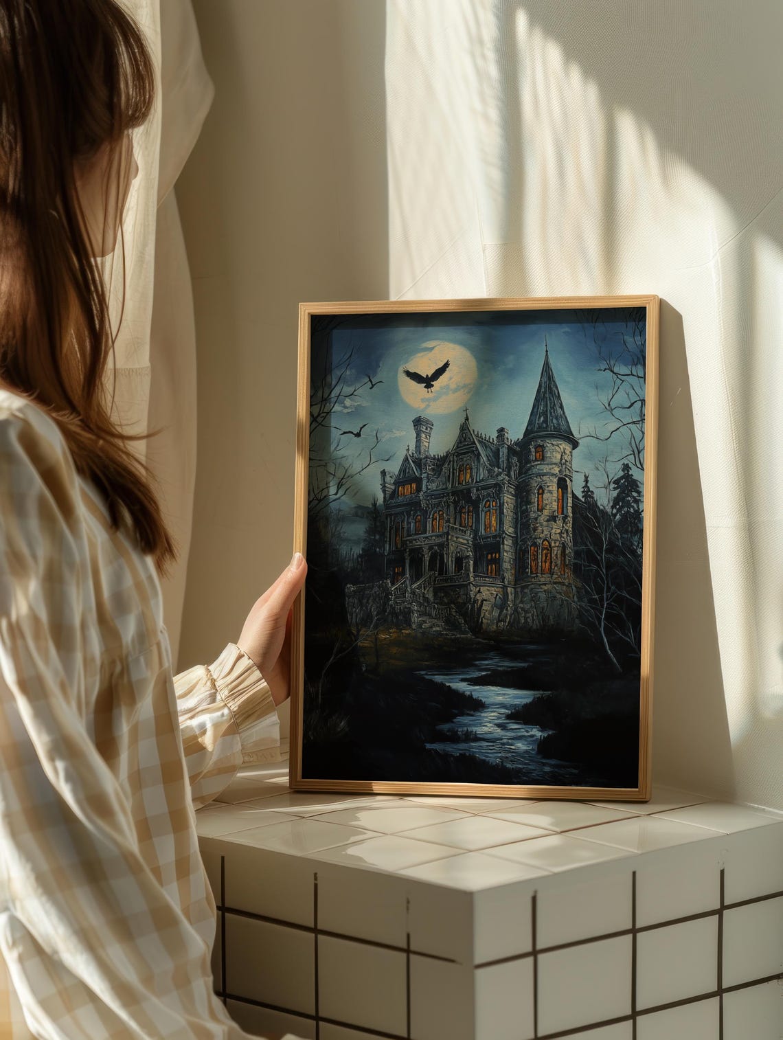 Gothic Mansion Under Full Moon With Crows On Night Oil Poster - Image 2