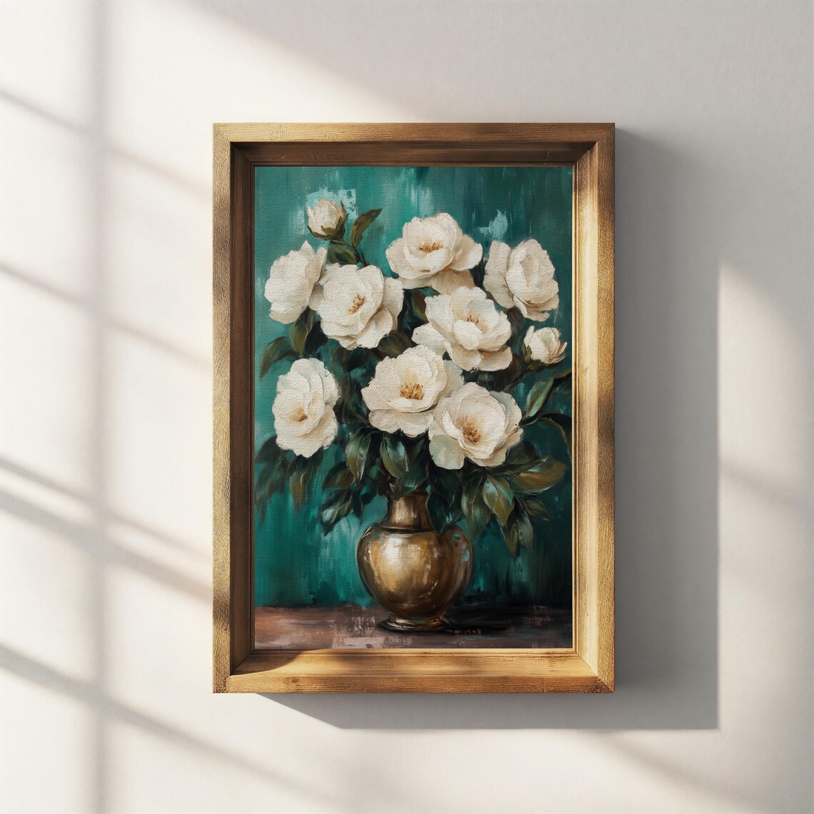 White Peonies Bronze Vase Emerald Green Still Life Oil Painting Poster - Image 3