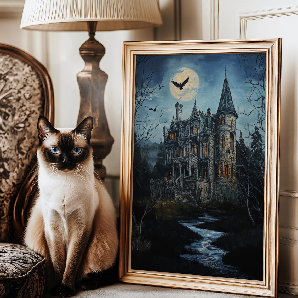 Gothic Mansion Under Full Moon With Crows On Night Oil Poster - Image 3
