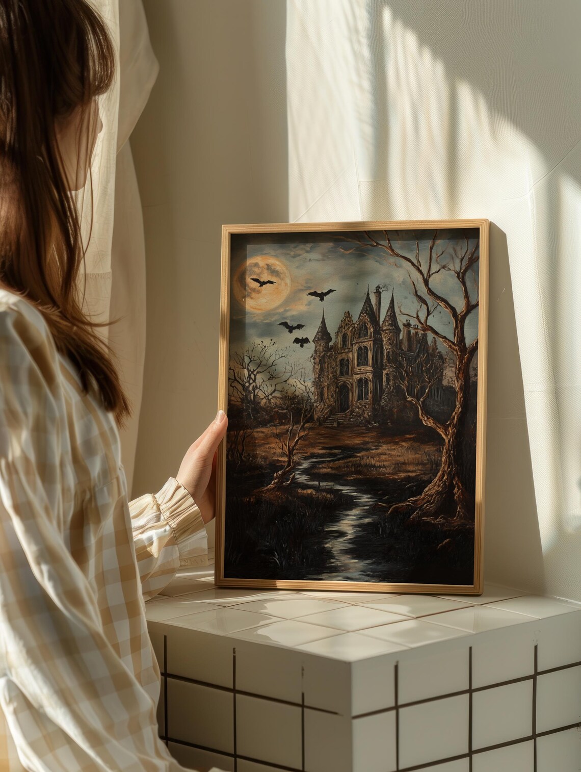 Haunted Gothic Mansion Under Full Moon With Bats Vintage Halloween Wall Art - Image 2