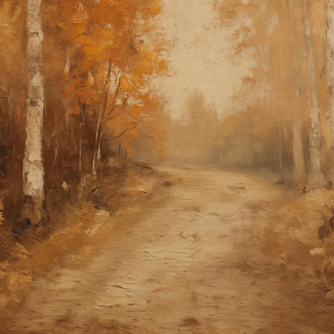 Autumn Birch Forest Dirt Road Warm Copper Tone Painting Poster - Image 4