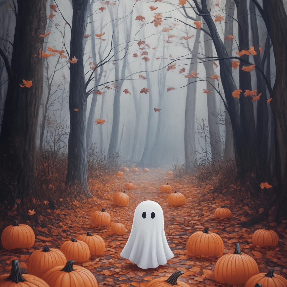 Cute Ghost With Pumpkins In Woods Art Spooky Halloween Decor Vintage Ghost Painting Dark Academia Home Decor - Image 4