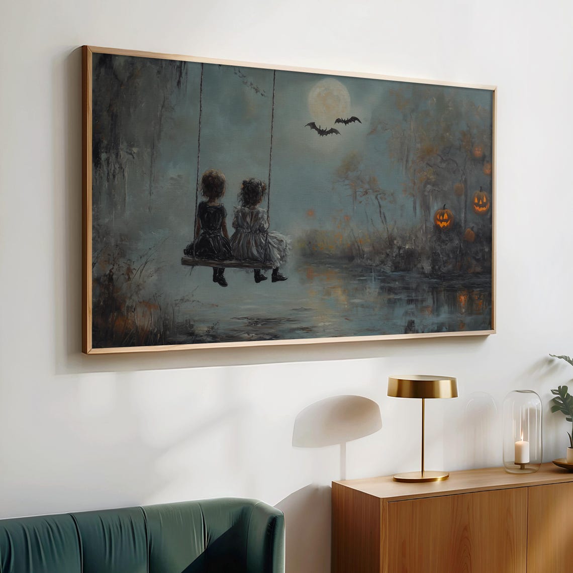 Two Ghost Children Swinging Under Full Moon Halloween Night Poster - Image 4