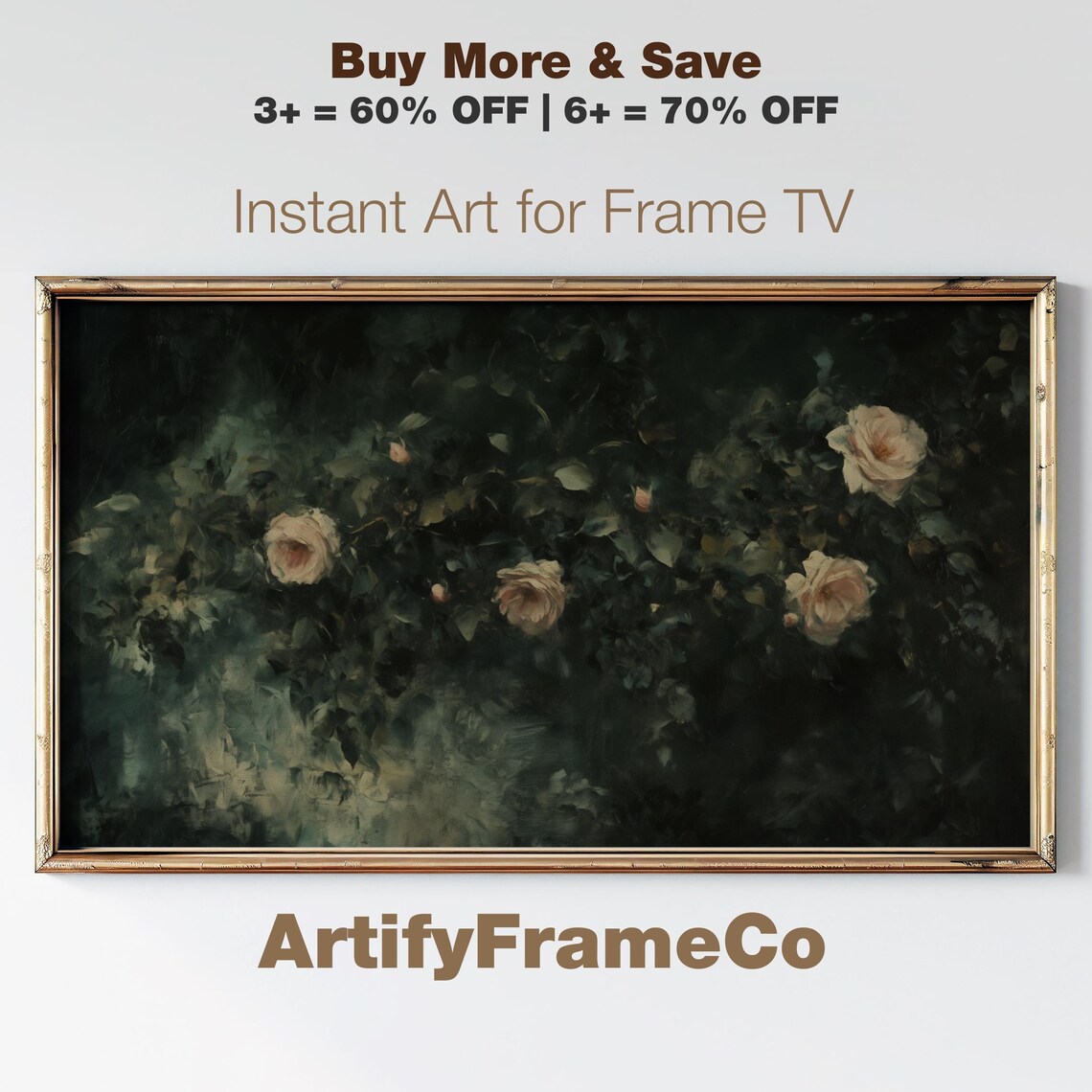 Moody Dark Floral Cream Wild Roses Vintage Frame TV Art Poster
